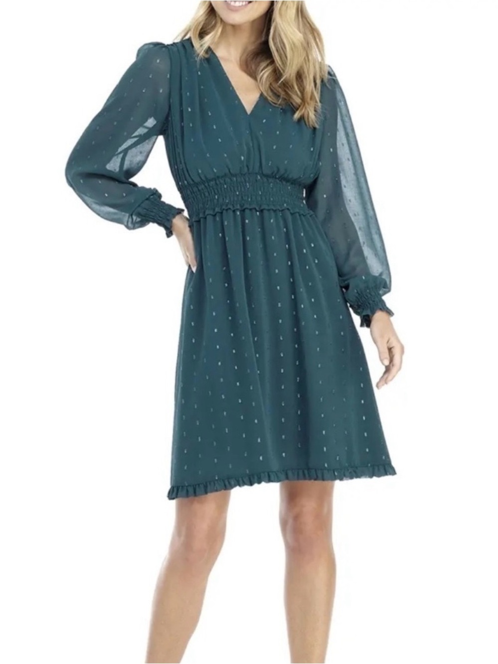 Gal Meets Glam Teal Long-Sleeve V-Neck Smocked Dress